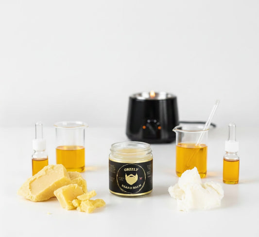 A Amber 2 oz glass jar of the best all natural handmade styling beard balm from grzzly beard co