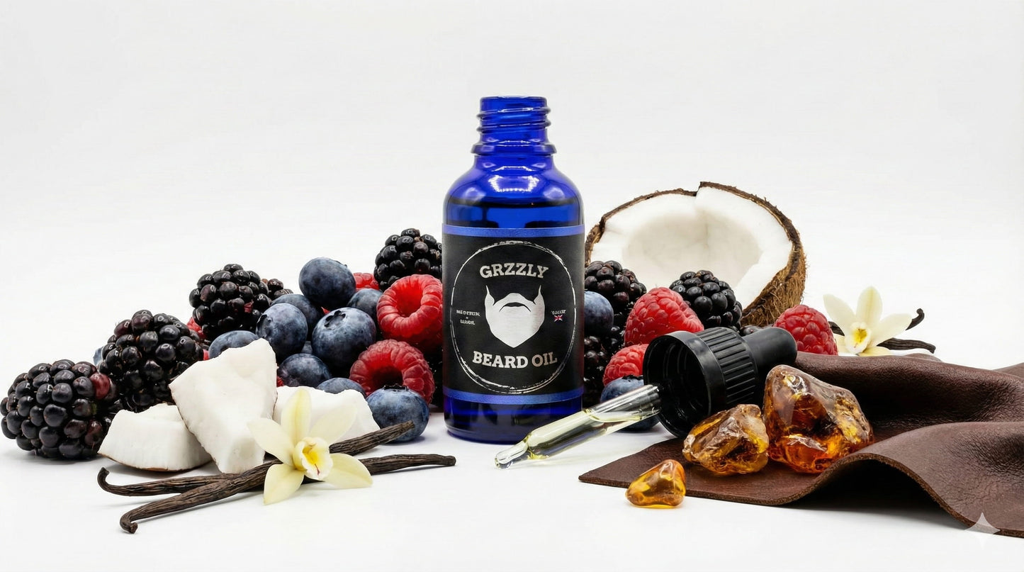 A blue glass bottle of Blu crush all natural handmade beard oil, fruits and leather