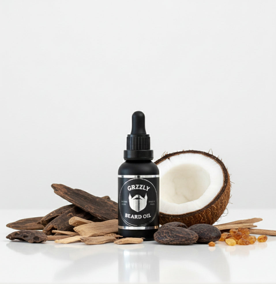 A matte glass bottle of all natural handmade beard oil the king oud, cedarwood, coconut, tonka bean and amber