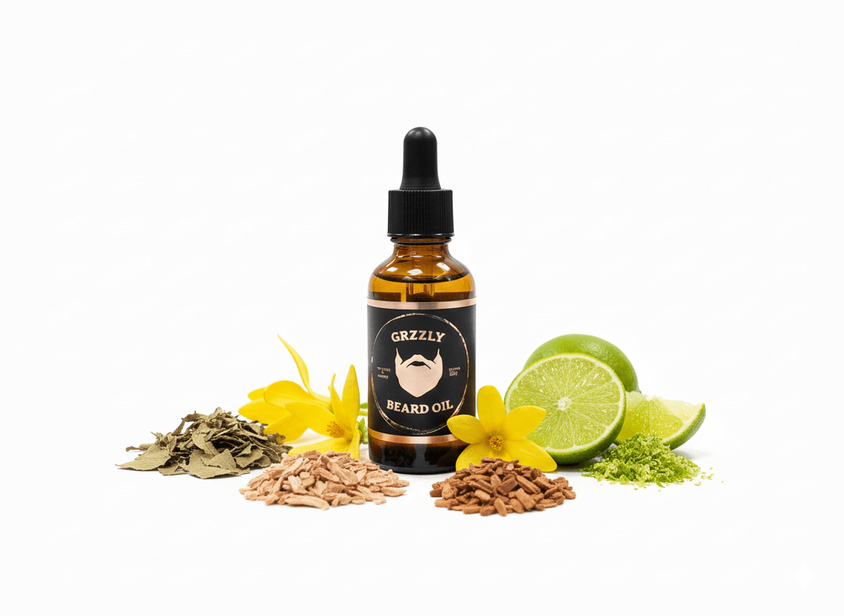 A amber glass bottle of Grzzly woods all natural handmade beard oil best for beard growth and thickness Patchouli, cedarwood, ylang-ylang & lime