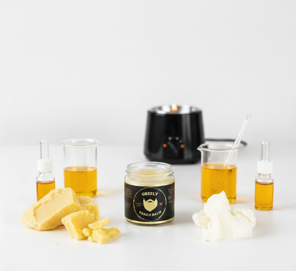 A Amber 2 oz glass jar of the best all natural handmade styling beard balm from grzzly beard co