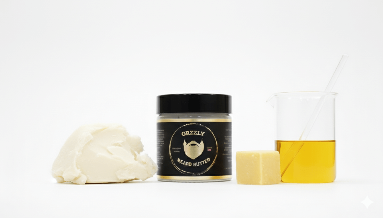 A Glass 2oz cosmetic jar of all natural handmade best beard butter for conditioning, moisturising and softening