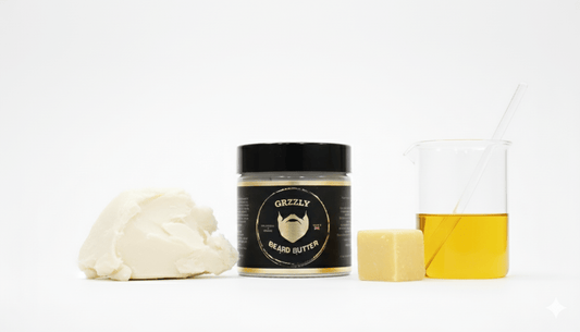 A Glass 2oz cosmetic jar of all natural handmade best beard butter for conditioning, moisturising and softening