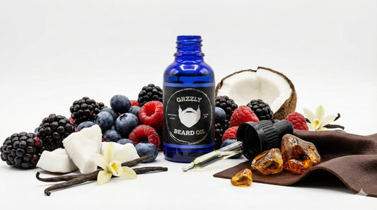 A blue glass bottle of Blu crush all natural handmade beard oil, fruits and leather