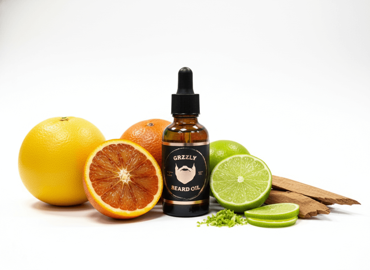 A amber glass bottle of all natural handmade beard oil Citrus fusion, pink grapefruit, Orange, lime & cedarwoood.