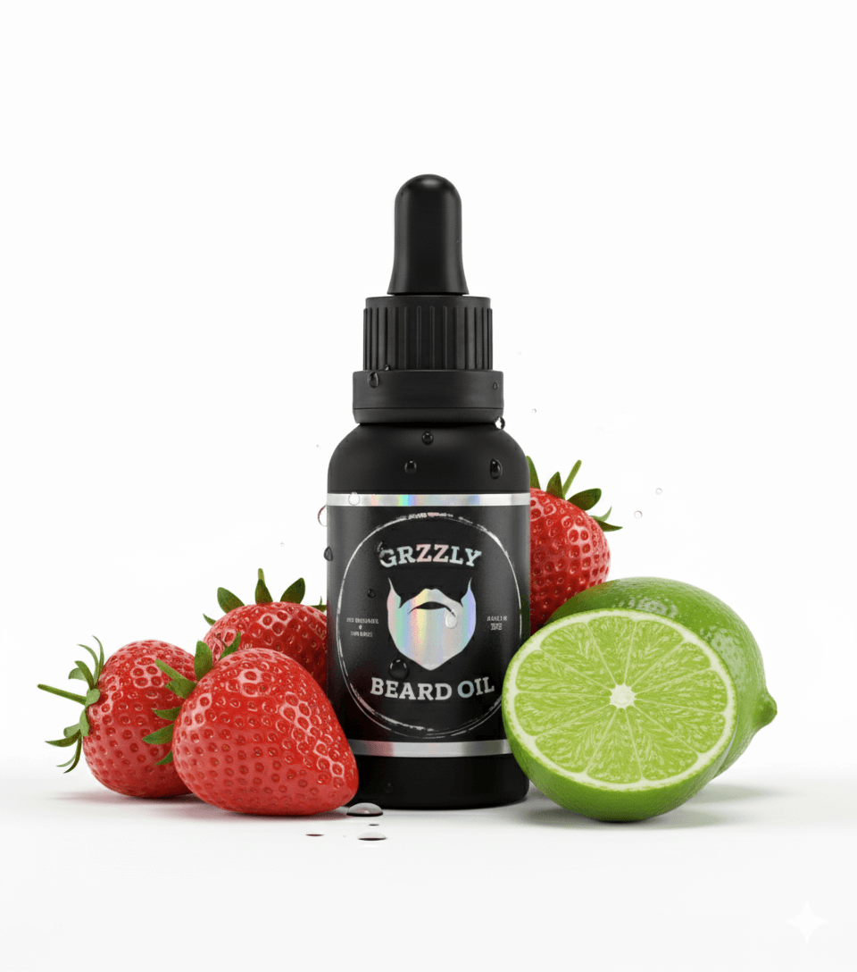 A matte glass bottle of Lime-Berry Pop all natural handmade beard oil, strawberries and lime.
