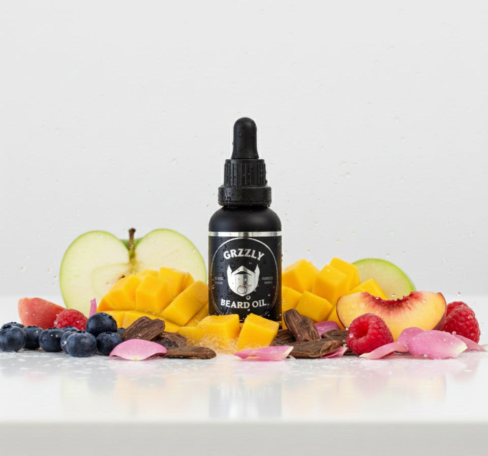 A matte glass bottle of The Crown All natural handmade beard oil, exotic fruits with woody oud