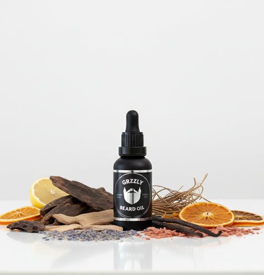 A matte glass bottle of all natural handmade beard oil, Sandalwood, Vetiver, Lavender, Vanilla citrus & cedarwood