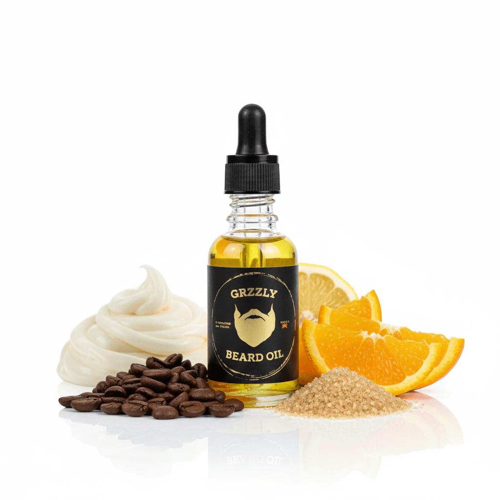 A clear glass bottle of Liquid Gold all natural handmade Beard Oil 24k gold flakes 