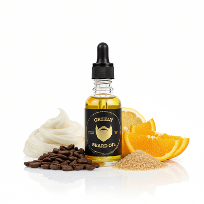 A clear glass bottle of Liquid Gold all natural handmade Beard Oil 24k gold flakes 