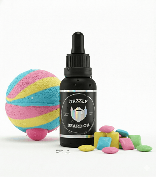 A matte glass bottle of all natural handmade beard oil Screwball Bubble Gum