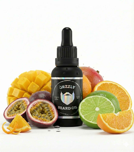 A matte glass bottle of Mango Passion all natural handmade beard oil mango passion fruit citrus 